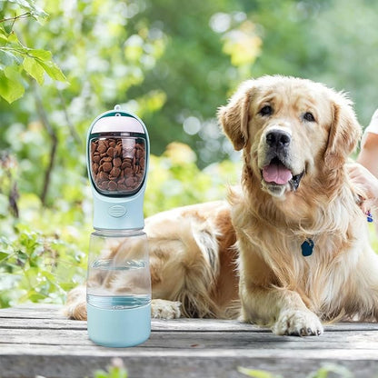 3-in-1 Dog Water Bottle Portable Leak Proof Pet Water Dispenser with Built-in Snack Storage & Waste Bag Holder 14oz for Outdoor Walking, Hiking Travel Blue