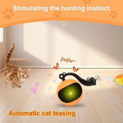 Interactive Remote Control Cat Toy Ball,Smart Motion-Activated Self-Rolling Ball with Sound&LED&Detachable Feather,Rechargeable Indoor Hunting Exercise Toy for Bored Indoor Cats and Kittens Orange