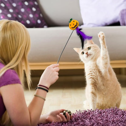Halloween Cat Toys 4 PCS,Pumpkin Feather Cat Toys,Funny Spooky Kitten Interactive Plush Chew Toys for Halloween Thanksgiving Christmas Party Cat Teeth Cleaning Accessories