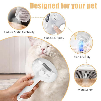 Cat Steam Brush for Shedding, Pet Steam Brush for Dog with Release Button,Anti-Static Pet Spray Hair Removal Comb,Cat Spray Comb for Long & Short Haired Pets,White