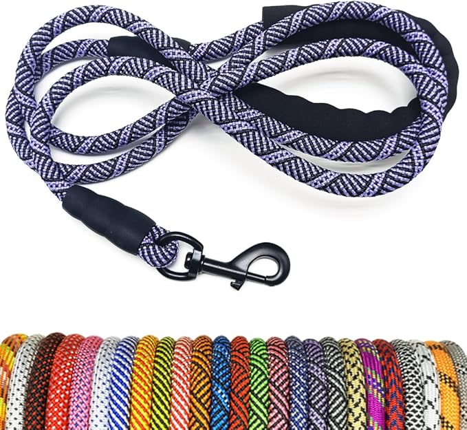 MayPaw Heavy Duty Rope Dog Leash, 6/8/10FT Nylon Pet Leash, Soft Padded Handle Thick Lead Leashes for Large Medium Dogs Walking Roaming (6ft * 1/2", Purple Black)