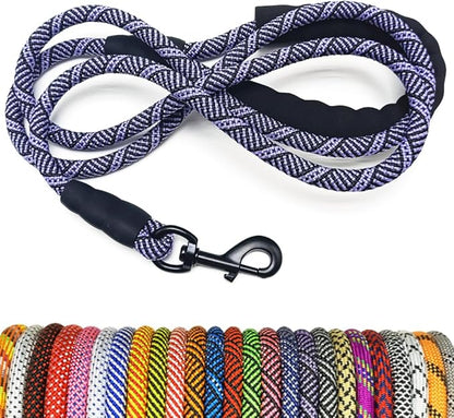 MayPaw Heavy Duty Rope Dog Leash, 3/4/5/6/7/8/10/12/15 FT Nylon Pet Leash, Soft Padded Handle Thick Lead Leashes for Large Medium Dogs (Purple Black, 1/2" * 8')