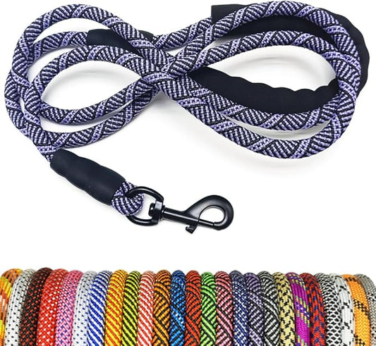 MayPaw Heavy Duty Rope Dog Leash, 3/4/5/6/7/8/10/12/15 FT Nylon Pet Leash, Soft Padded Handle Thick Lead Leashes for Large Medium Dogs (Purple Black, 1/2" * 8')
