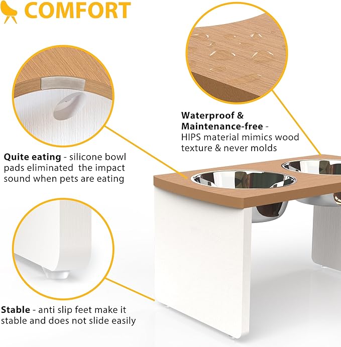 Elevated Dog Bowls, Waterproof Raised Dog Bowl for Medium & Large Dogs, HIPS Poly Lumber Stand with 2 Stainless Steel Bowls, Indoor & Outdoor Use (10'' Tall–48 oz Bowl, Teak-White)