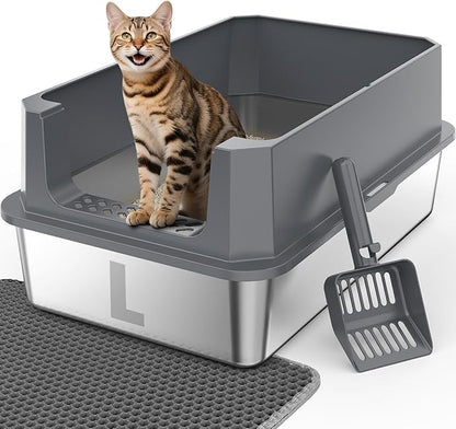 FURTIME Stainless Steel Litter Box with Lid, Large Metal Cat Litter Box for Big Cat, Large Cat Box High Sided with Non-Stick, Odor-Resistant, Anti-Urine Leakage, Easy Cleaning, Includes Scoop and Mat