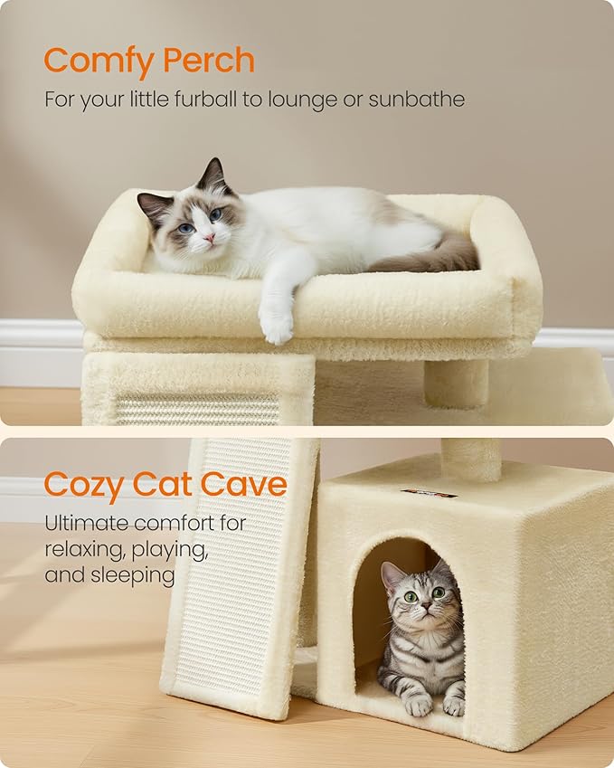 Feandrea Small Cat Tree, Cat Tower Condo, Scratching Ramp, Large Top Perch, Cave, 20.1 x 15.4 x 18.3 Inches, Summer Sand UPCT010LF02S