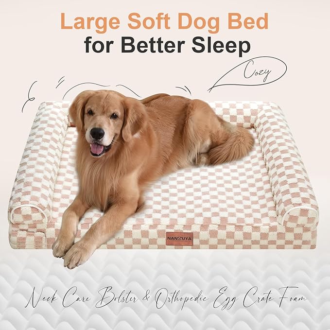 Large Dog Bed Orthopedic Washable: Beds Bolster XXL Bed Big XLarge Dogs Egg Crate Foam Sofa Couch Waterproof Removable Cover - Pink Grid