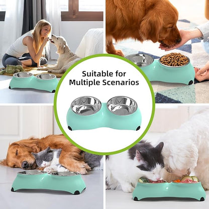 Stainless Steel Dog Bowls Set, Double Food & Water Bowls for Dogs, Dual Dog Food Bowl with 2 Small (4oz*2) Bowl, Non-Slip Pet Bowls Suitable for Puppies, Kittens and Small Breed Dogs (Green)