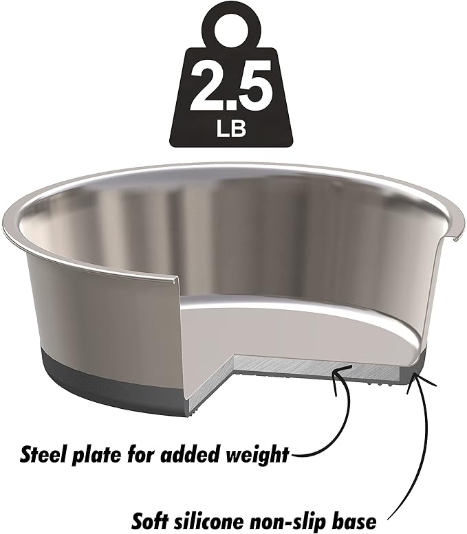 2.5 lb Weighted Dog Bowl - No Slip, No Tip - Heavy Stainless Steel Dog Bowl with Silicone Rubber Foot