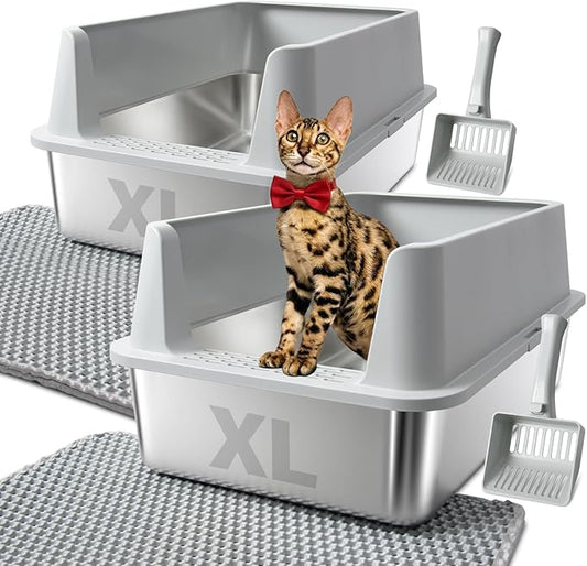 2Pack Stainless Steel Litter Box, XL Extra Large Cat Litter Boxes for Big Cats, Metal Litter Box with Lid High Sides, Leak-Proof, Never Absorbs Odors, Easy Cleaning, Non-Stick, Scoop Included