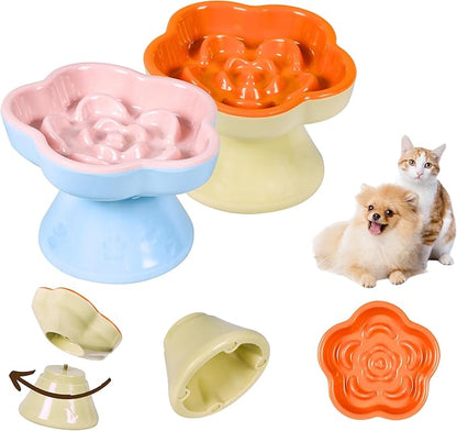 Detachable Slow Feeder Cat Bowl, Melamine Tilted Elevated Slow Eating Cat Bowls - Heavy Weighted, Non-Slip, Whisker Friendly, Dry & Wet Food, Dishwasher Safe (Pink + Orange, 5.8" x 2 Pack)
