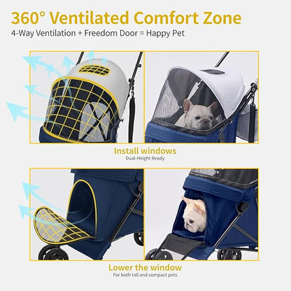 Lightweight 10 lbs Foldable Pet Stroller for Small Dogs & Cats, Easy-Fold Compact, with Adjustable Sun Canopy, Cup Holder, Breathable Mesh, Pad & Storage Bag, Holds 33 lbs, Blue