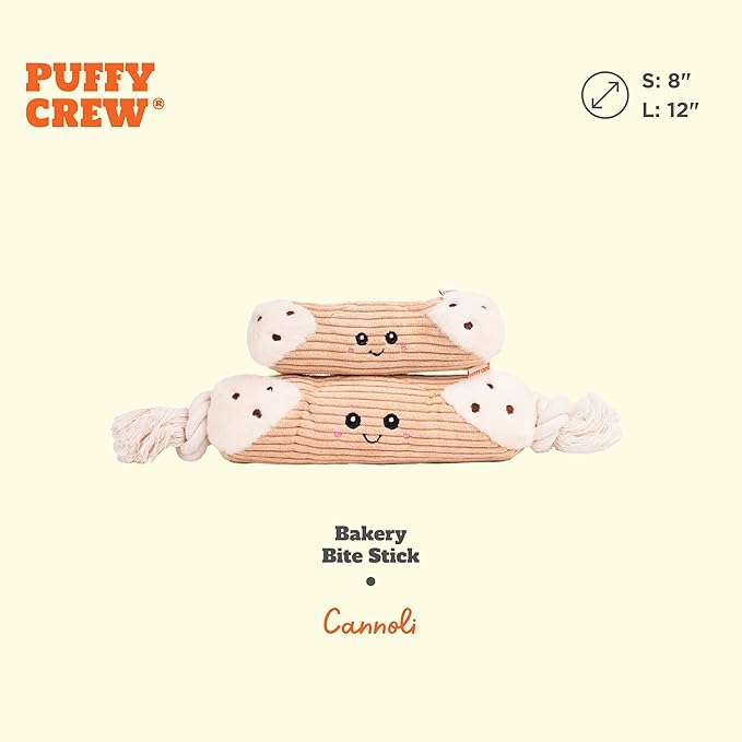 Squeaky Dog Plush Toy, Bakery Bite_Stick Collection, 8“, for Small and Medium Dogs (Cannoli, Small)