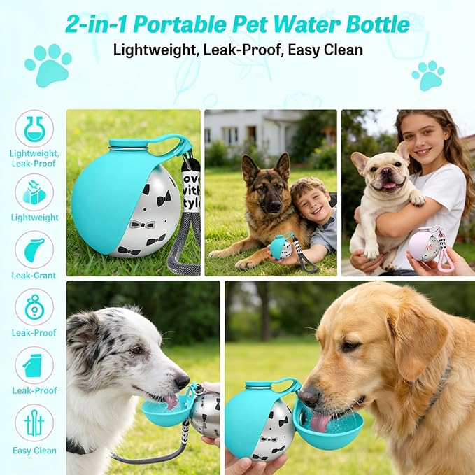 2-in-1 Portable Dog Water Bottle for Small Dogs, 10oz Dog Travel Water Bottle - Leak-Proof & One-Hand Operation, Stainless Steel Bottle & Silicone Bowl for Walking Hiking (Printed Pink)