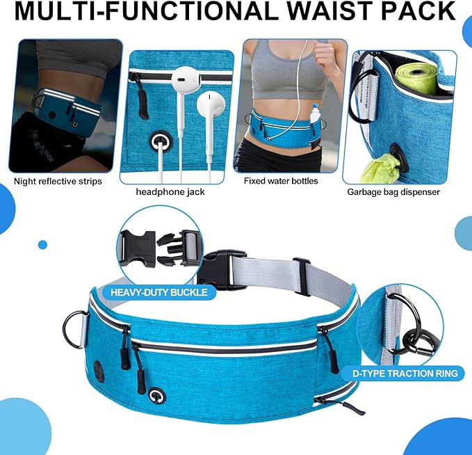 Hands Free Dog Leash with Zipper Pouch, Waist Leash for Dog Walking and Running, Dual Padded Handles, Shock-Absorbing Bungee for Medium to Large Dogs (Blue)