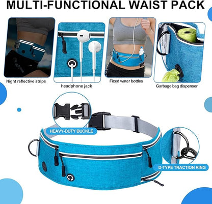 Hands Free Dog Leash with Zipper Pouch, Waist Leash for Dog Walking and Running, Dual Padded Handles, Shock-Absorbing Bungee for Medium to Large Dogs (Blue)