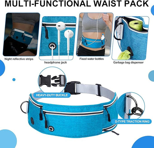 Hands Free Dog Leash with Zipper Pouch, Waist Leash for Dog Walking and Running, Dual Padded Handles, Shock-Absorbing Bungee for Medium to Large Dogs (Blue)