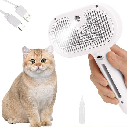 Steam Brush for Long Haired Pets - Self Cleaning Grooming Tool for Cats and Dogs to Reduce Shedding, Static and Flying Fur, White