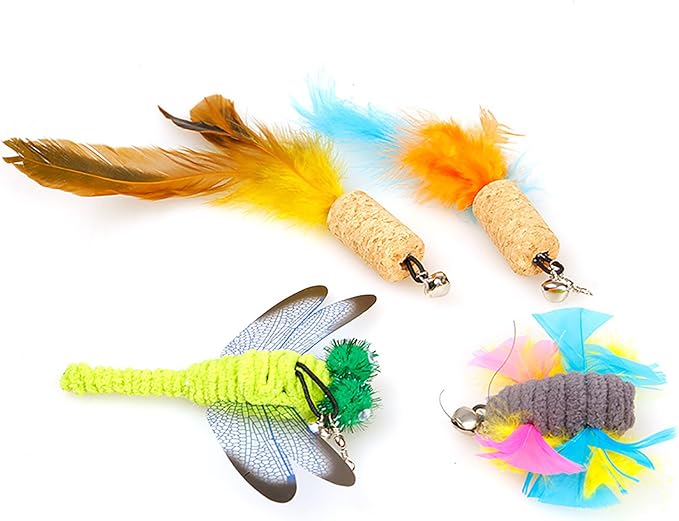 ZoyPet 2 Pcs Cat Toys Interactive Refill Replacement Feather Pack Furry Tail Butterfly Dragonfly Fish Mouse Caterpillar Worm Birds Feathers for Kitten Cats 21 Variety Styles CT15-16 Colorful Tail Fish