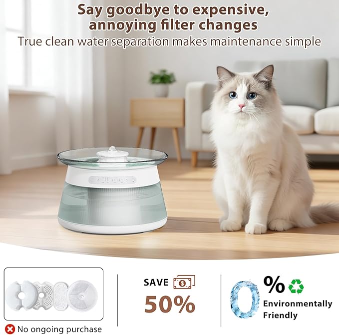 GJEASE Glass Smart Pet Water Fountain,Cat Drinking Water Fountain Bowl No Filter,Battery Operated Filterless Pet Water Fountain