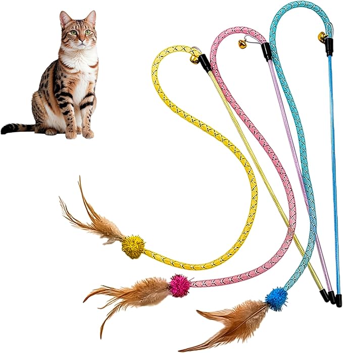 3 Packs Interactive Cat Wand Toy, Feather cat Toys, cat Teaser Wand, Indoor cat Toys, cat Toys for Indoor Cats, cat Exercise Toys, Kitten Toys Interactive, Playtime and Boredom Relief