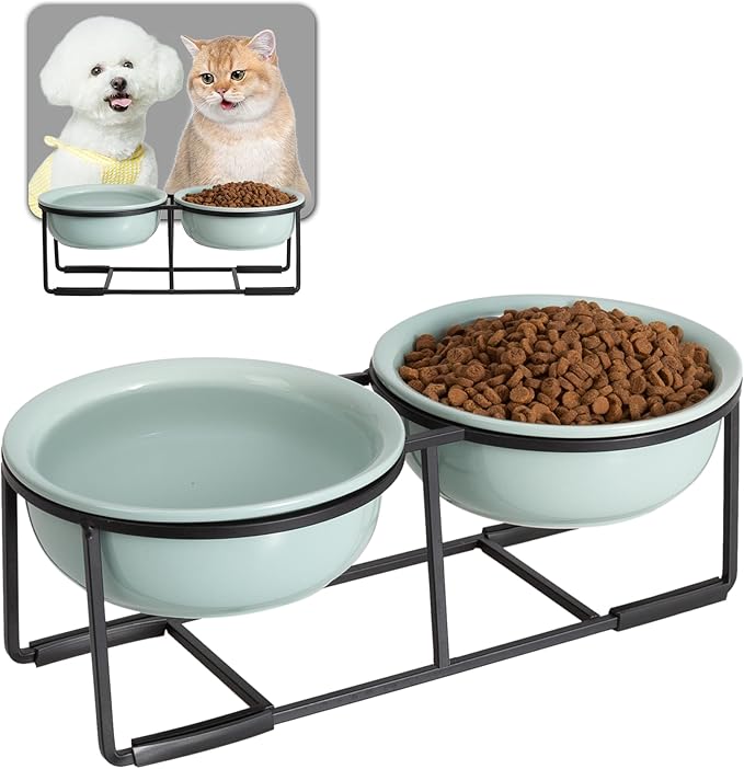 Ceramic Elevated Dog Bowl Set - Double Dog Food and Water Bowls with Metal Stand - Raised Pet Dishes for Puppies and Cats - 1 Cup - 13.5 fl oz - Green