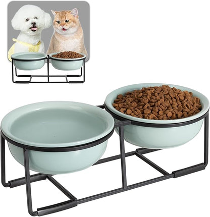 Ceramic Elevated Dog Bowl Set - Double Dog Food and Water Bowls with Metal Stand - Raised Pet Dishes for Puppies and Cats - 1 Cup - 13.5 fl oz - Green