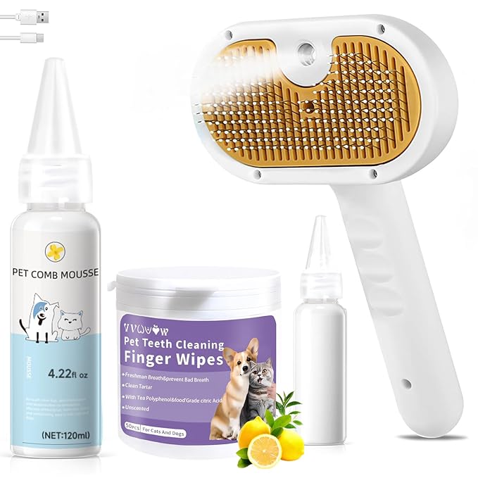 Pet Steam Brush for Dog & Cat – 3-in-1 Spray Hair Removal Comb for Shedding & Grooming, Softens Fur & Reduces Static – Water Brush for Long & Short Coats, Bath-Hating Pets, Includes Waterless Shampoo