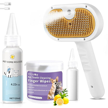 Pet Steam Brush for Dog & Cat – 3-in-1 Spray Hair Removal Comb for Shedding & Grooming, Softens Fur & Reduces Static – Water Brush for Long & Short Coats, Bath-Hating Pets, Includes Waterless Shampoo