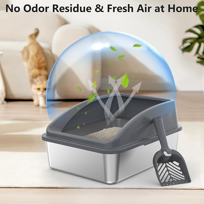 Stainless Steel Litter Box, Metal Kitty Litter Box with Scoop, Anti-Leakage Top Entry, Non-Sticky, Easy to Clean