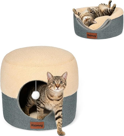 Cat Bed for Indoor Cats, 2-in-1 Convertible Cat Cave & Lounge Bed with Reversible Plush Cushion, Foldable Anti-Slip Cat House - Calming Cozy Hideaway for Kittens&Small Cats with Anxiety Relief, 15.7in
