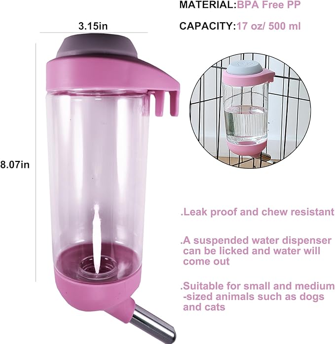 Dog Crate Water Bottle - 17 oz No Drip Kennel Pet Water Dispenser, Easy-to-Use Cage Water Bottle for Dogs, Cats, Small Animals, 500ML, Pink
