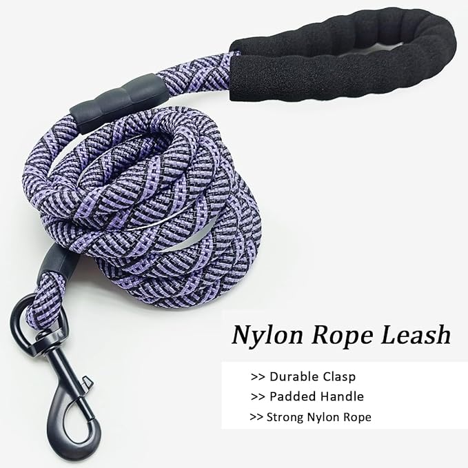 MayPaw Heavy Duty Rope Dog Leash, 3/4/5/6/7/8/10/12/15 FT Nylon Pet Leash, Soft Padded Handle Thick Lead Leashes for Large Medium Dogs (Purple Black, 1/2" * 8')