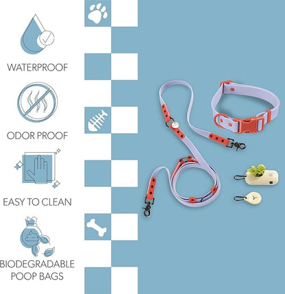 WLK1006E-5SET Luna Large 8FT Adjustable 6-in-1 Waterproof Hands-Free Leash and Collar with LED Flashlight, Bag Dispenser, and Poop Bag Holder, Sangria
