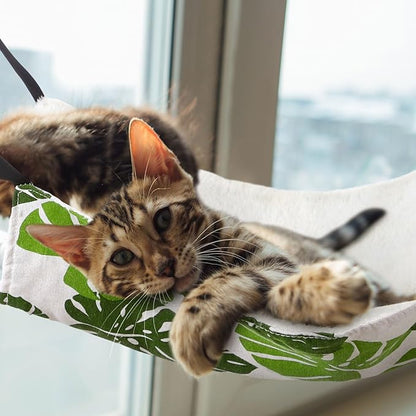 Jetec 2 Pack Cat Hammock for Cage, Catio Accessories Reversible Soft Cats Bed with Adjustable Straps and Hooks Double-Sided Linen and Fleece Hanging Hammock for Cats, Kitten(Monstera Leaf,L)