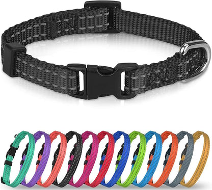 Joytale Puppy Collar, Feather-Light Double-Sided Reflective Nylon Collar for Night Safety, Adjustable Quick-Release for Extra Small Dogs, Black, XS (3/8" Width)