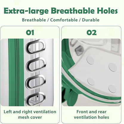 Pet Carrier with Wheels for Cats and Dogs, Clear Hard-Shell Rolling Pet Carrier with Retractable Handle, Airline-Approved Travel Carrier, Portable Cat and Dog Stroller (Green)