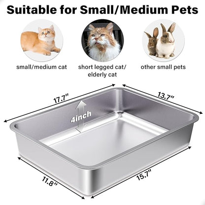 Stainless Steel Litter Box, Metal Litter Boxes for Kittens,Small Litter Box 2 Pack,17.5" x 13.5" x 4",Easy Entry, Easy Clean Non Stick No Smell for Kitty/Rabbits