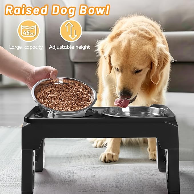 Hubulk Elevated Dog Bowls with 2 Stainless Steel Food & Water Raised Bowls with No Spill Edge Non-Slip Stand Adjusts to 5 Height(3.2", 8.77", 9.9",11.1", 12.3")for Small Medium Large Dog and Pet Black