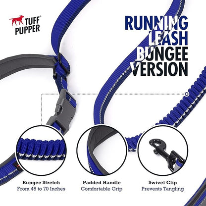Tuff Pupper Hands Free Bungee Dog Leash | Lightweight for Running Jogging Walking | Adjustable Padded Waist Belt (24-50 inch) | Bungee Stretch 3 to 6 Feet | Strong Ballistic Nylon w/Reflective Strips