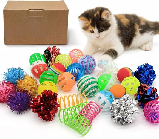 LASOCUHOO Cat Toys Kitten Assortment - Rainbow, Crinkle, Sparkle, Bell & Sisal Balls for All Cats - 30 Packs