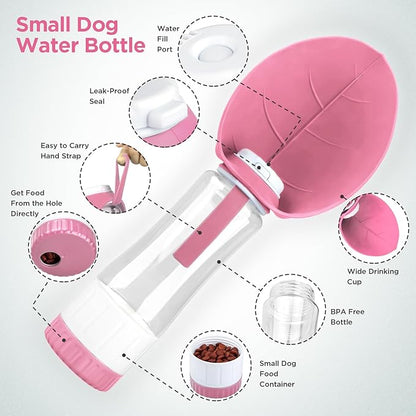 Uppetly Dog Water Bottle, Pet Water Bottle with Food Container and Drinking Feeder, Leak Proof, BPA-Free, Portable Foldable Puppy Water Cup Dispenser for Outdoor Walking, Travel, Hiking Large Pink