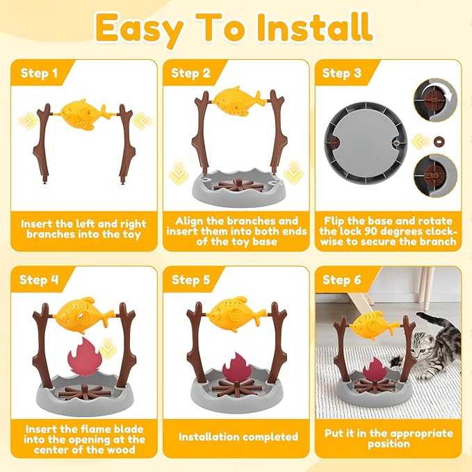 Cat Puzzles Feeder Toy, Cat BBQ Toy Treat Dispensing Slow Feeder Bowl Unique Rotatable Fish and Flame Cognitive Training Game Enrichment Interactive Stimulation Toys for Indoor Kitty