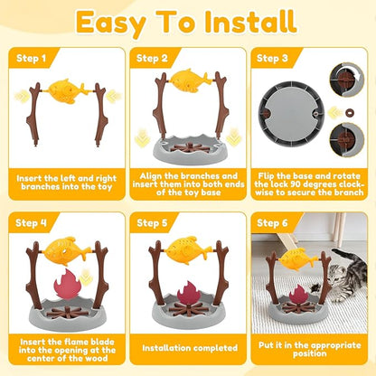 Cat Puzzles Feeder Toy, Cat BBQ Toy Treat Dispensing Slow Feeder Bowl Unique Rotatable Fish and Flame Cognitive Training Game Enrichment Interactive Stimulation Toys for Indoor Kitty
