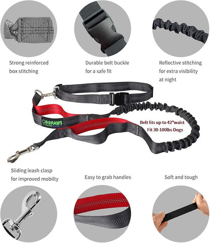 JESPET Hands Free Dog Leash for Running, Walking, Hiking Jogging for Medium & Large Dogs up to 150lbs, Durable Dual Handle Waist Leash with Reflective Bungee and Adjustable Waist (Red)
