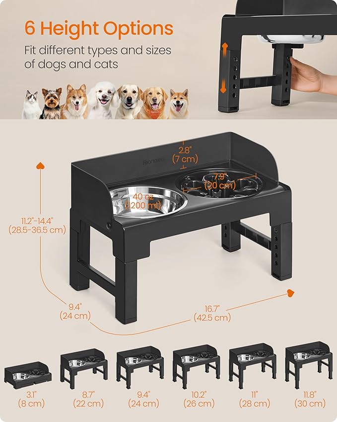 Feandrea Dog Bowls Elevated, Raised Stand with 1 Slow Feeder and Two 304 Stainless Steel Bowls, Adjustable Height and Tilted Design, Ink Black UPRB103B01