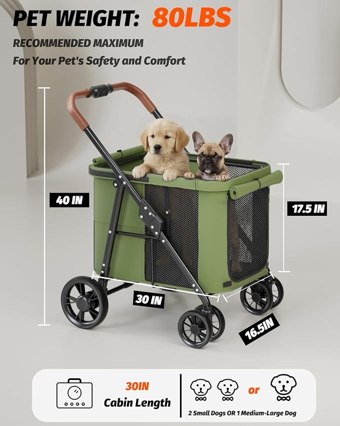 Dog Stroller for Large & Medium Dogs, Pet Stroller for 2 Small Dogs Up to 80 Lbs, Extra Large Heavy Duty, Folding & Breathable, All-Terrain Wheels, Military Green