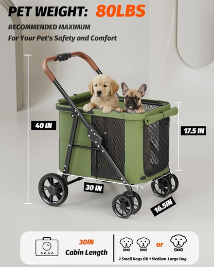 Dog Stroller for Large & Medium Dogs, Pet Stroller for 2 Small Dogs Up to 80 Lbs, Extra Large Heavy Duty, Folding & Breathable, All-Terrain Wheels, Military Green