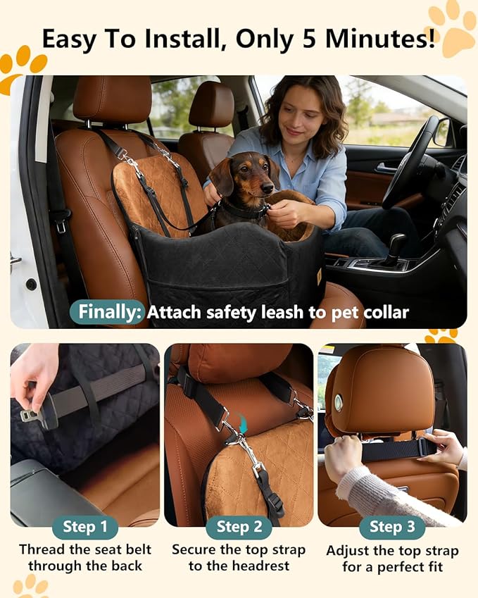 Dog Car Seat for Small/Medium Dogs Up to 35lbs, 2-in-1 Pet Car Seat with Memory Foam, Detachable Washable Dog Bed for Cars, Pet Booster Carseat with Storage Pockets Fits Front/Back Seats (Black/Brown)