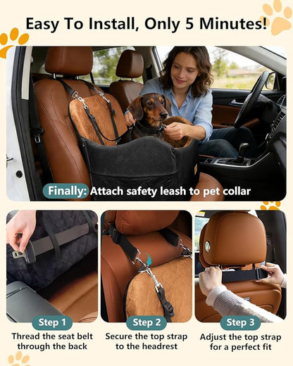 Dog Car Seat for Small/Medium Dogs Up to 35lbs, 2-in-1 Pet Car Seat with Memory Foam, Detachable Washable Dog Bed for Cars, Pet Booster Carseat with Storage Pockets Fits Front/Back Seats (Black/Brown)
